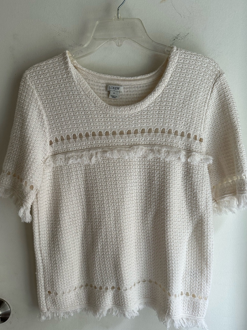 J.Crew Women’s Medium Ivory Cotton Open Knit Fringe Short Sleeve Sweater Top